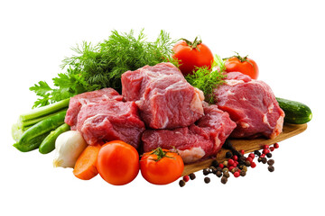 Fresh cuts of beef surrounded by vibrant vegetables on a wooden board.