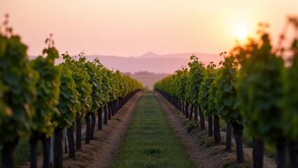 Obraz premium Rows of grapevines in a vineyard at sunrise with a soft pink sky