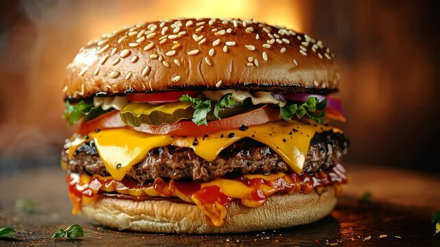 Delicious cheeseburger steaming on table