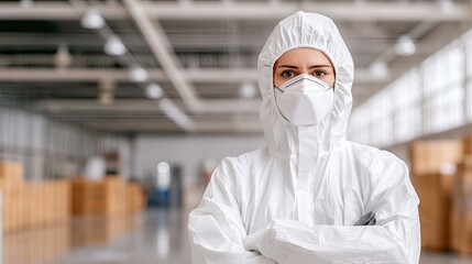 A healthcare professional in protective gear stands confidently in a spacious warehouse, highlighting safety protocols in a clean environment.