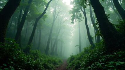 Fototapeta premium Lush rainforest with mist drifting through towering trees