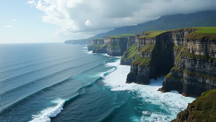 Towering cliffs along a rugged coastline with crashing waves