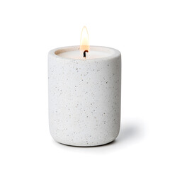 Candle with flame in a minimalist holder isolated on white background