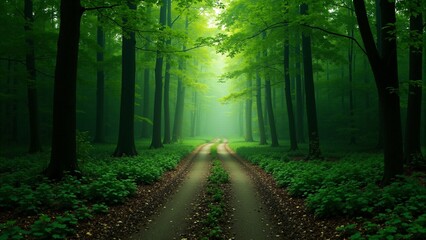 Obraz premium Dense green forest with a pathway leading into the shadows