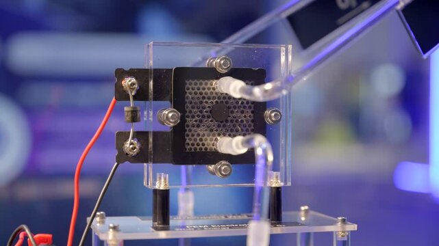 Hydrogen gas is forming on the membrane of an electrolyzer, splitting water into hydrogen and oxygen using electric energy, demonstrator in action.