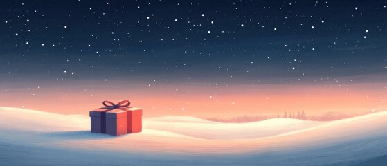 Snowy Winter Wonderland with Gift Box on Horizon