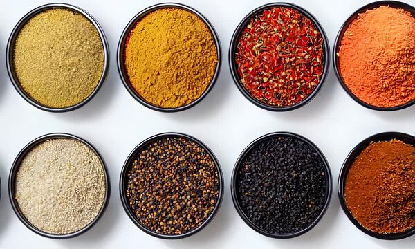 Colorful assortment of spices in bowls on a white background