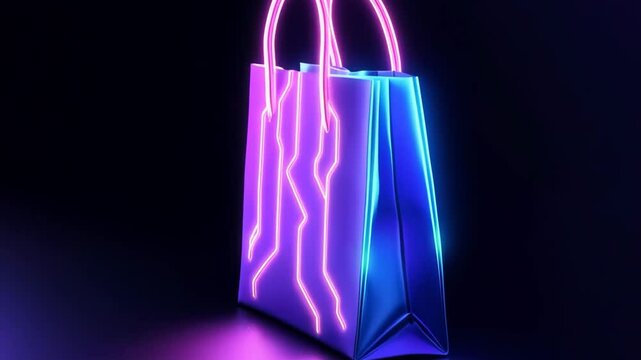 Futuristic neon modern gift shopping bag with tech circuit board on black background. Cyber Monday, Black Friday sale. Online shopping and big sale. Holiday promo template