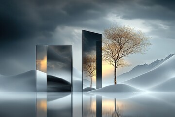 ethereal winter landscape with isolated trees reflected in tall mirrored panels, capturing a serene sunset over snowy hills under dramatic skies, creating a surreal and tranquil atmosphere