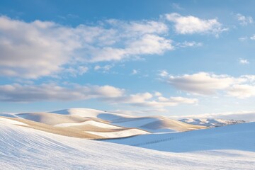 Serene winter landscape: rolling snow-covered hills under a blue sky with clouds at sunset