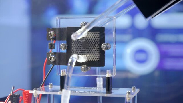 Hydrogen gas bubbling out of an electrolyzer, splitting water into hydrogen and oxygen, using electric energy. Bubbles forming on a membrane. Blue futuristic blurred background.