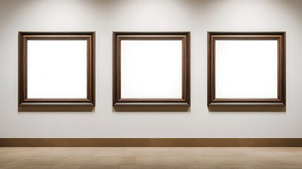 Three empty frames hang on a minimalist wall, showcasing a simple yet elegant gallery design.