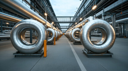 Industrial facility showcasing large metallic pipes and structures with a perspective view, emphasizing modern engineering and infrastructure.