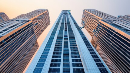 Obraz premium A stunning view of towering skyscrapers against a colorful sky, showcasing modern architecture and urban design.