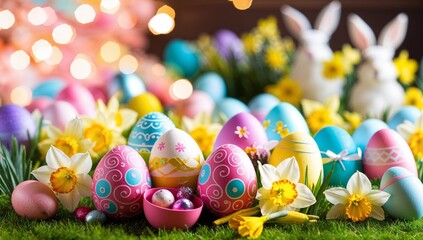 Colorful Easter eggs on green grass with Easter bunnies, daffodils and spring flowers in the background. Easter greeting card