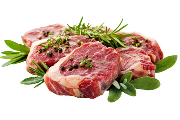 Fototapeta premium Fresh raw steak cuts garnished with aromatic herbs, vibrant green leaves, isolated on white background.