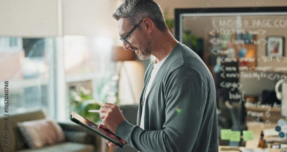 Poster Tablet, web design and planning with business man in office for ai software as service, landing page code and ux feedback. Digital platform, app and research with mature person in tech startup