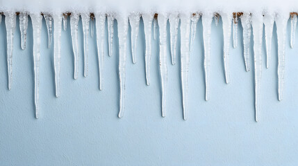Bunch of icicles hanging from a roof, glistening in the sunlight 