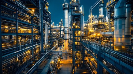 Obraz premium A large industrial plant with many pipes and tanks. The image is dark and the colors are bright