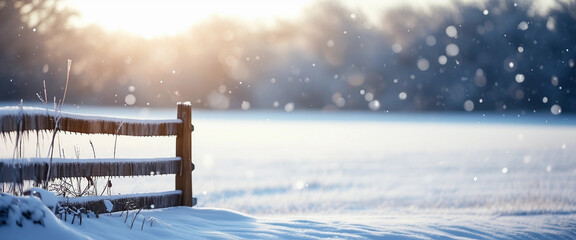 Snow-covered wooden fence leading into a snowy field with large blank white area for text overlay 