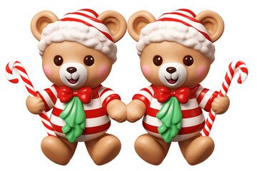 Two cute cartoon teddy bears wearing festive outfits and holding candy canes. Perfect for holiday decorations and cheerful celebrations, transparent background PNG cutout