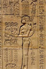 Ancient Egyptian relief features detailed carvings of figures and hieroglyphics on a stone surface.The scene depicts individuals engaged in activities, possibly of religious or ceremonial significance