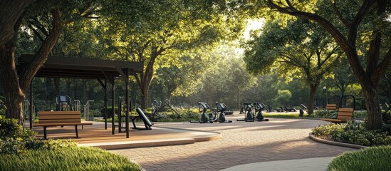 Outdoor workout area with exercise equipment in a park, featuring a wooden bench under a pergola, surrounded by trees.