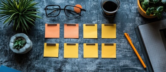 A flat lay image of a desk with glasses, sticky notes, a pen, a cup of coffee, and a potted plant.