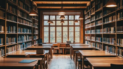 Spacious library with wooden tables, pendant lights, and minimalist design, ideal for a modern study vibe