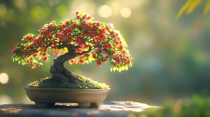 Bonsai tree with red berries in sunlight