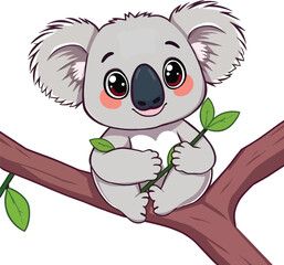 Adorable Cute Koala With Baby Sitting On A Tree Branch Cartoon Animal Design Fat Vector Illustration Isolated On White Background