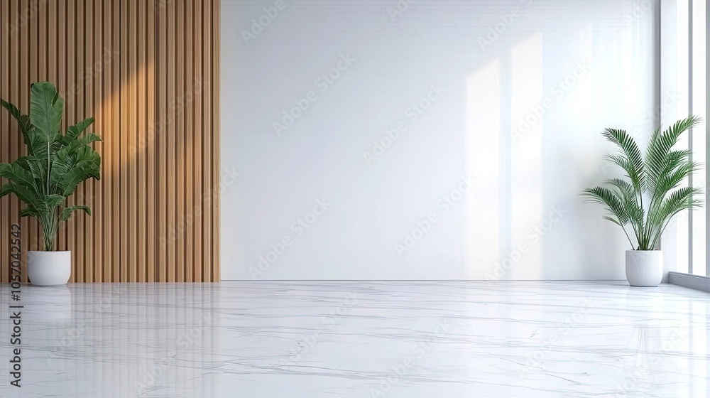 Wall mural Elegant lobby design featuring minimalist wooden slats and modern marble flooring in a contemporary office building