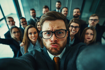 Obraz premium Angry man taking selfie with group of people in office. Serious business leader with stern expression