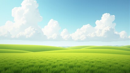 Fototapeta premium Vast grasslands stretching to the horizon with fluffy white clouds above