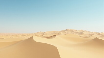 Sandy desert with rolling dunes and a clear blue horizon