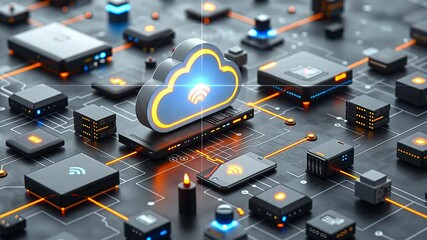 Data center video: connections between computers, cloud storage, server functionality, online computing, integration of various devices such as tablets, phones, and home technologies.
