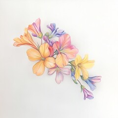 Fototapeta premium A botanical drawing of delicate colorful flowers, with intricate petal details and soft hues.