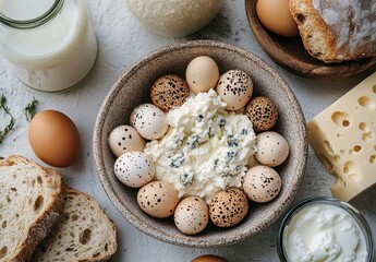 top view of fresh eggs, cheese, milk and bread on grey background. freshness and naturalness agricultural products. homemade and organic food