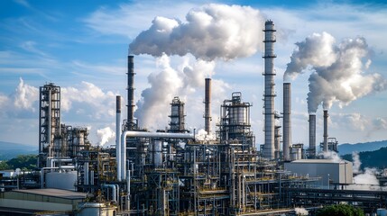 Obraz premium A large industrial plant with a lot of smoke coming out of it. The smoke is thick and dark, and the sky is cloudy. The scene gives off a sense of pollution and industrialization