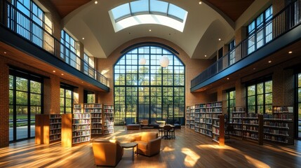 Fototapeta premium Stylish library interior with high ceilings, skylights, and curated reading areas, embracing natural light