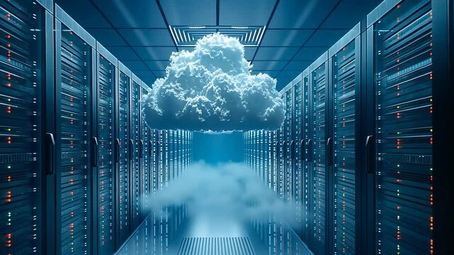 Cloud connection video: linking computer systems to cloud storage, showcasing server integration, online access, interconnected devices like tablets, phones, home appliances in a modern data center.