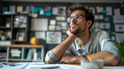 Obraz premium A Young Man Deep in Thought as He Contemplates Creative Solutions in a Cozy Workspace Setting