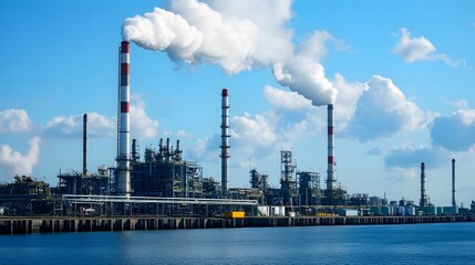 Obraz premium A large industrial plant is emitting smoke into the air. The smoke is coming from the top of the plant, and it is visible in the distance. The sky is clear, and the water is calm