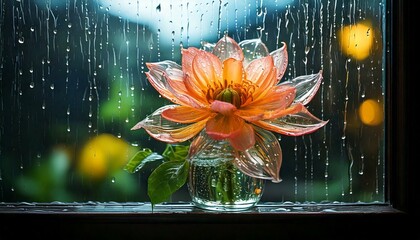Rainy Day: Portray a rainy day where droplets slide down the window, enhancing the glass flower&rsquo;s charm.


