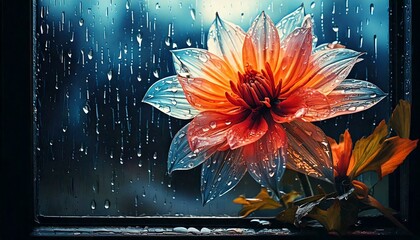 Rainy Day: Portray a rainy day where droplets slide down the window, enhancing the glass flower&rsquo;s charm.

