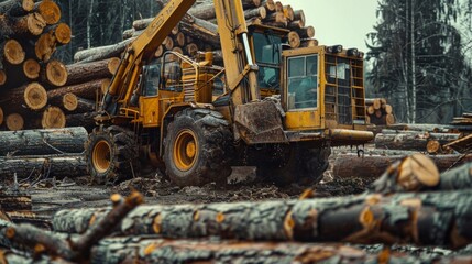 A yellow forestry vehicle named  with a log-loading attachment is parked in a foggy forest clearing, hinting at a pause in logging operations.