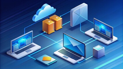 Digital File Transfer and Backup Systems: Isometric Illustration of FTP and Cloud Technology for Secure Document