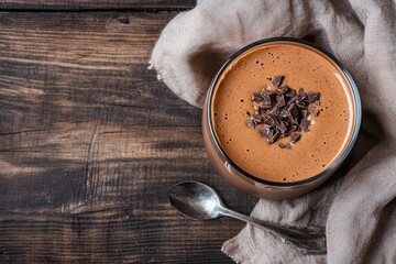 Rich chocolate avocado smoothie with cacao nibs on a rustic wooden table in a cozy setting
