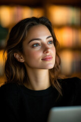 Thoughtful Woman in Warm Library Lighting