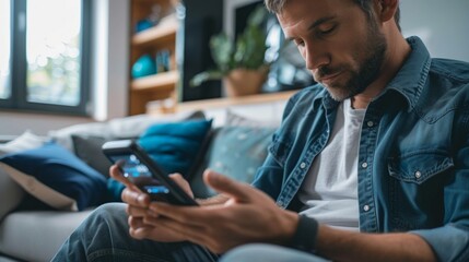 A man in a blue shirt with a smartphone on a grey sofa seems to check his watch. Blurred figures suggest others nearby, with books and a TV in a relaxed home setting.